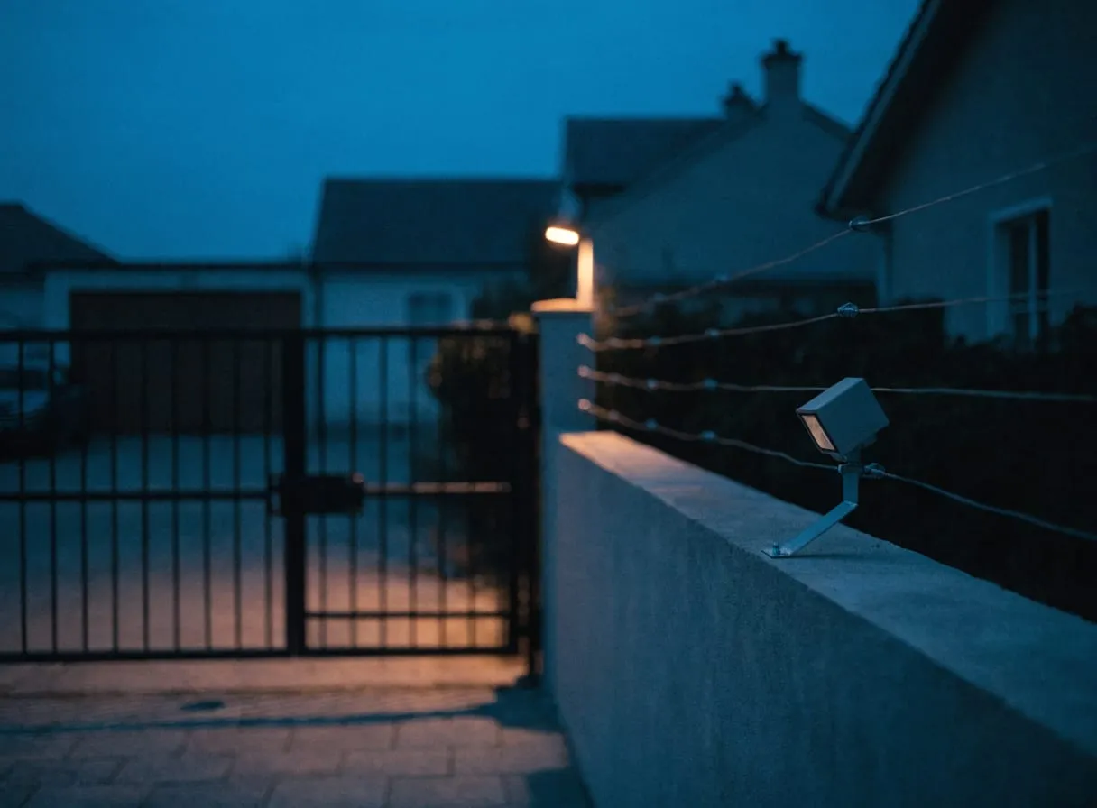 A boundary wall with an electric fence and a beam sensor at dusk.